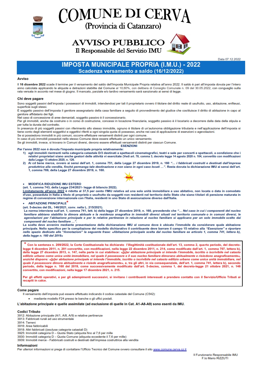 VERSAMENTO SALDO IMU 2022